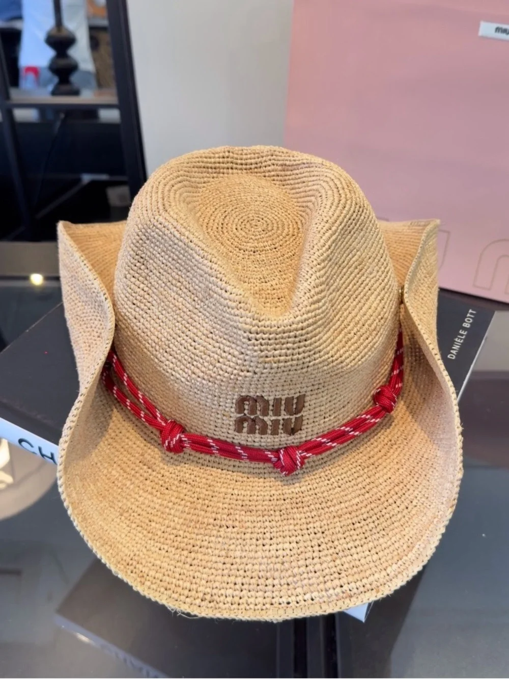 Miu Miu Natural Straw Hat with Red Rope Trim